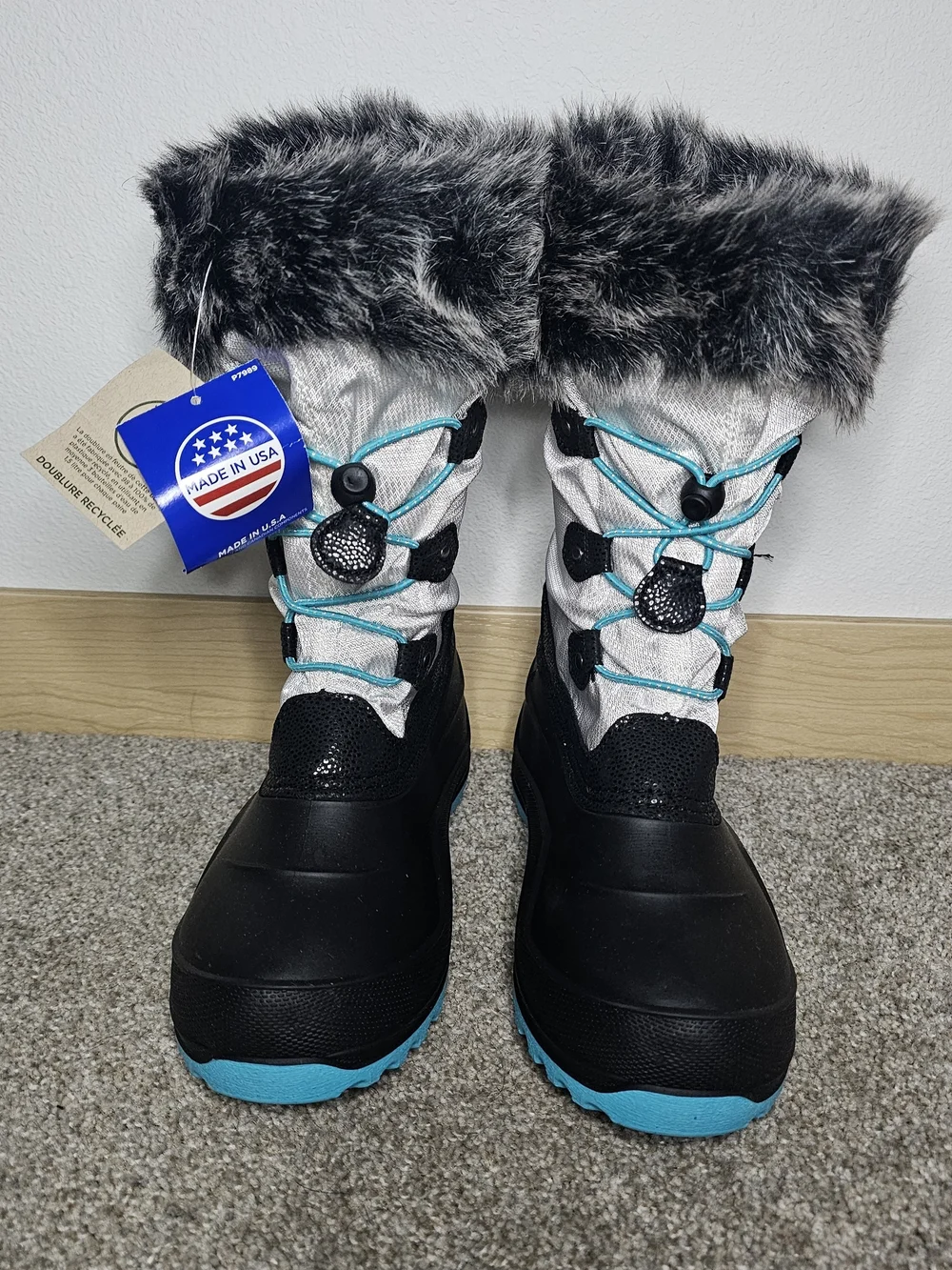 Kids Winter Snow Boots with Faux Fur - Black & Silver